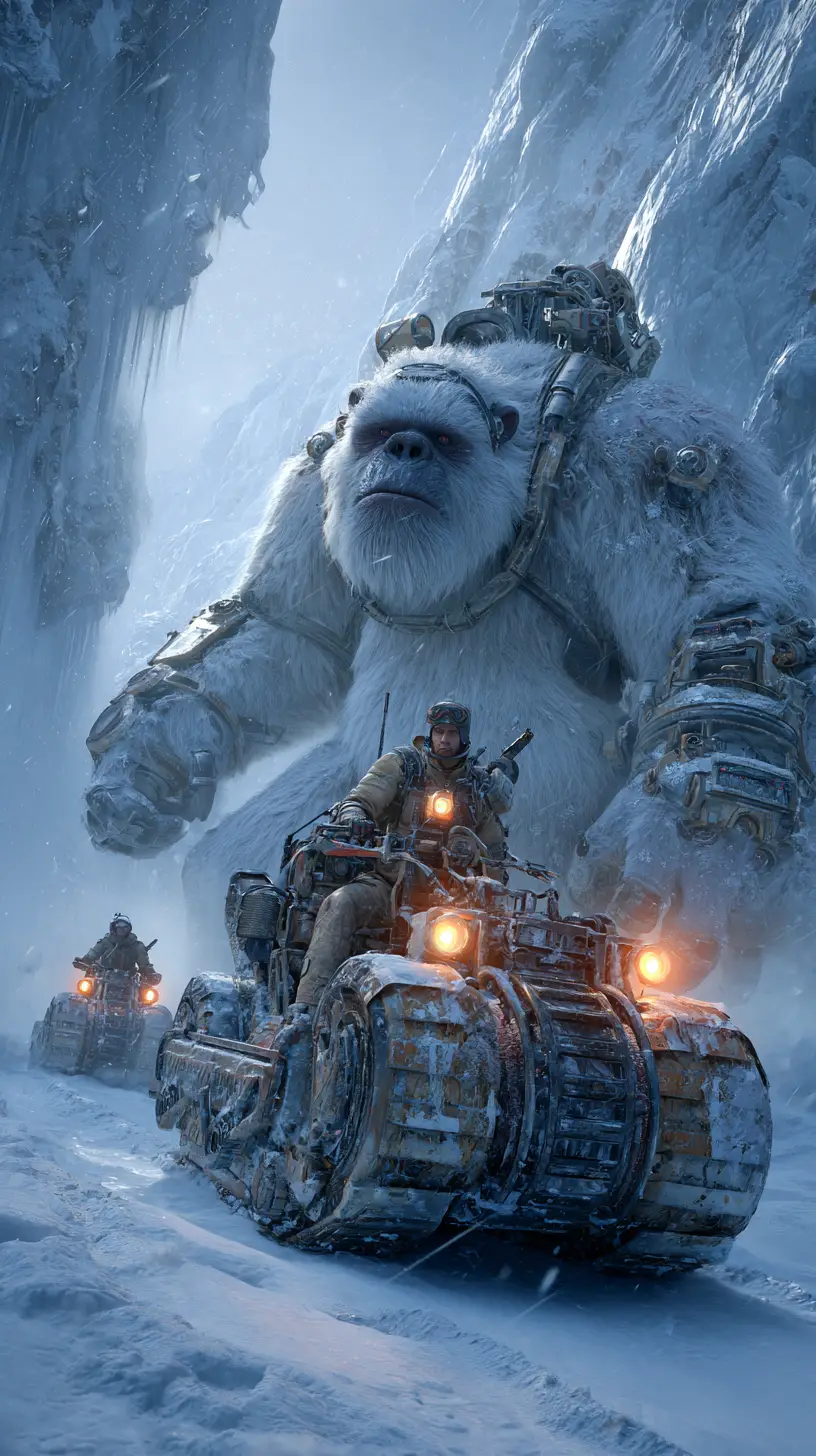Hyperreal close up portrait of armored white yeti in snow