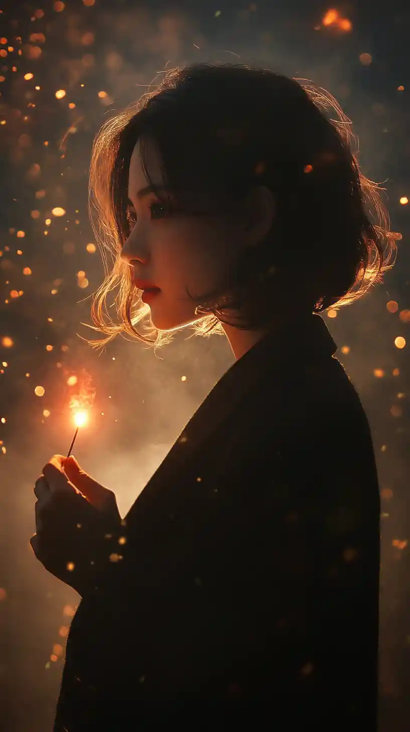 Young woman holding a match in a dark night scene