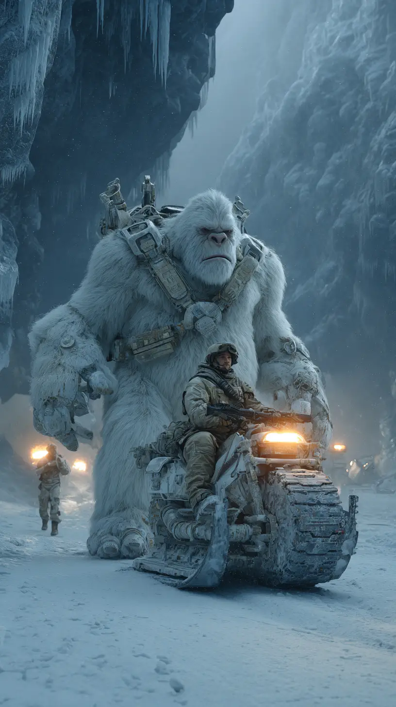 Cyber armored white yeti in a dark snowy mountain war