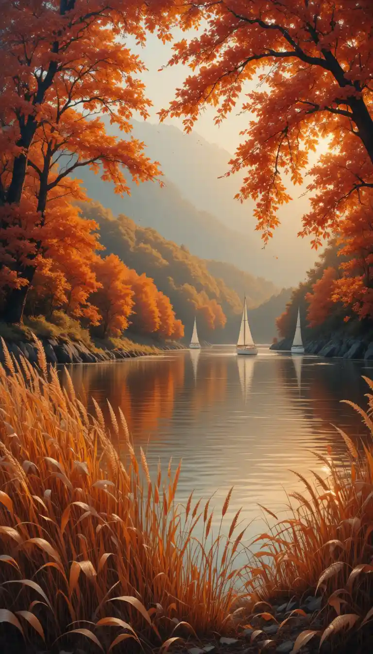 Segelboote im Goldenen Stunde-Licht auf einem ruhigen Herbstsee