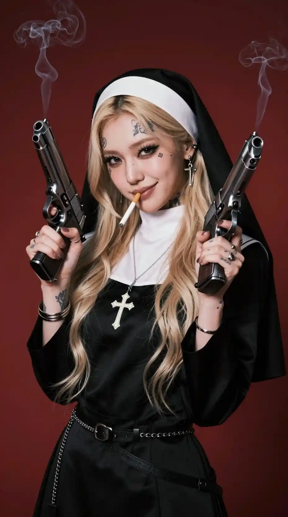 Tattooed nun with pistols in cinematic red portrait