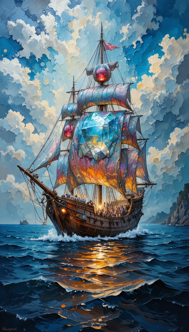 Dipinto a olio surreale di una nave di pietra luminosa in mare