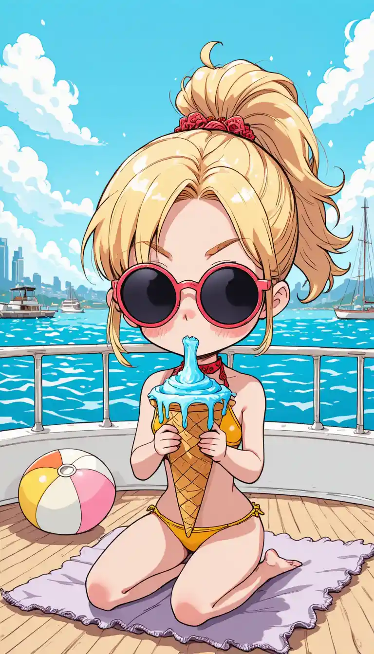 Blonde anime girl relaxing on a yacht deck with ice cream