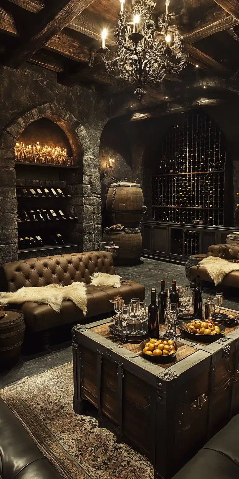 Moody fantasy wine cellar with luxurious central dining table