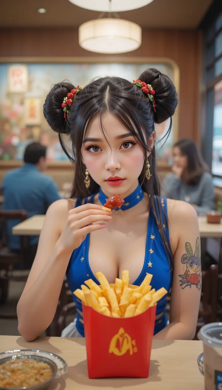 春麗コスプレの女の子がレストランのテーブルでポテトを差し出している