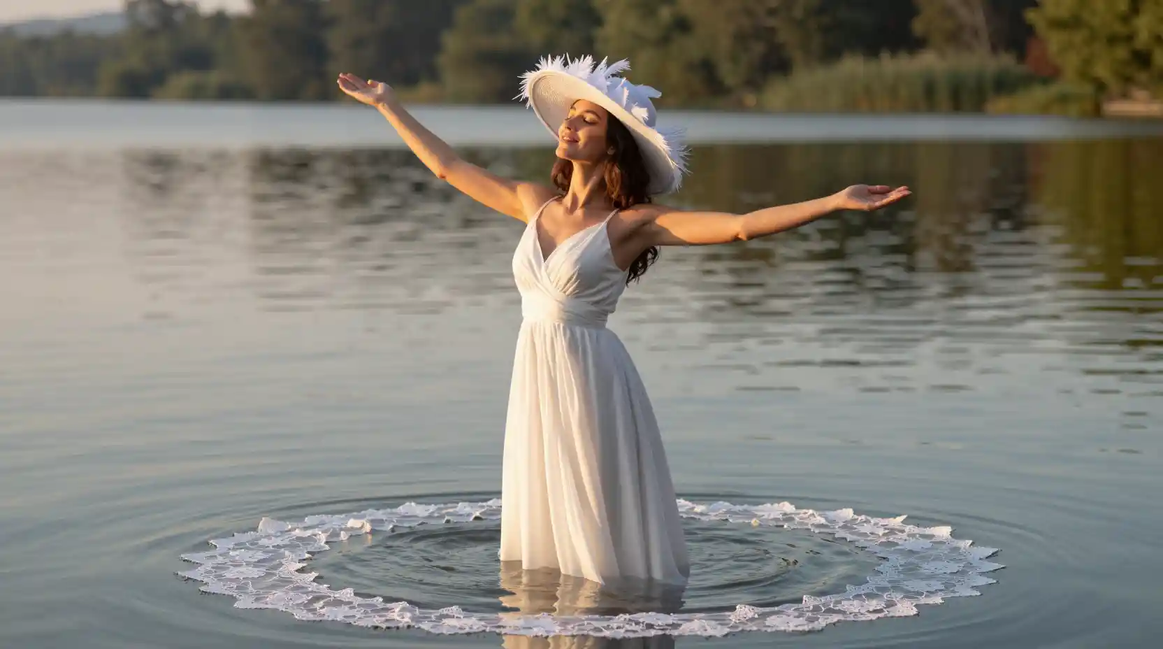 Femme en robe blanche debout dans un lac serein au coucher du soleil