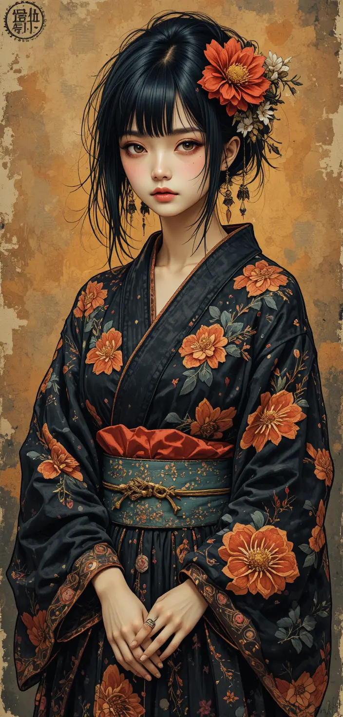 Surreal Japanese wool clothing illustration with abstract bokeh background