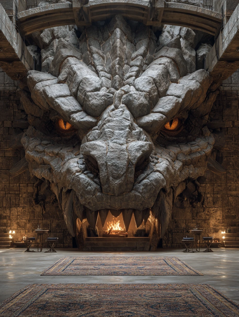 Ancient Dragon Fireplace In A Mystical Dungeon Library