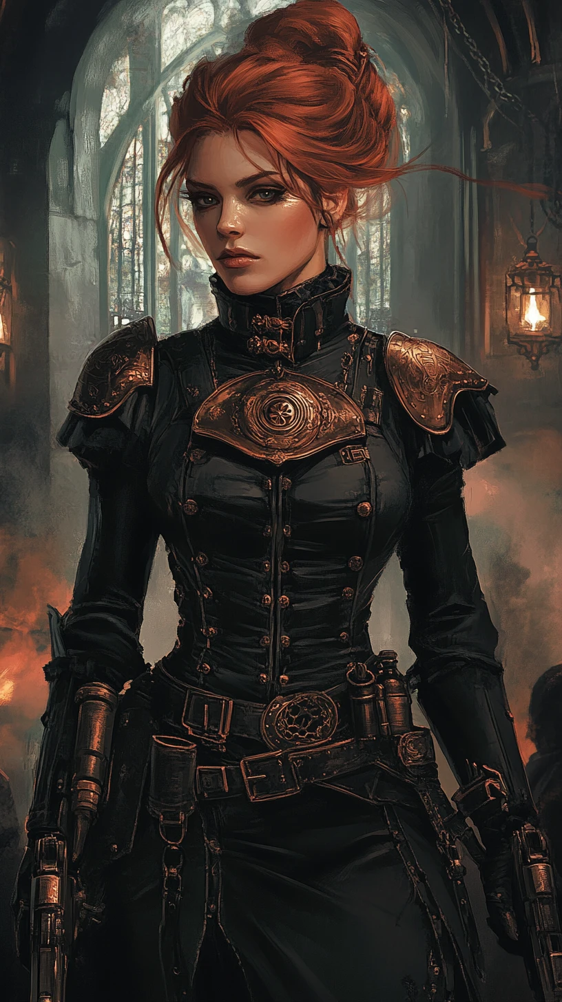 Vampire priestess in a misty steampunk Victorian street