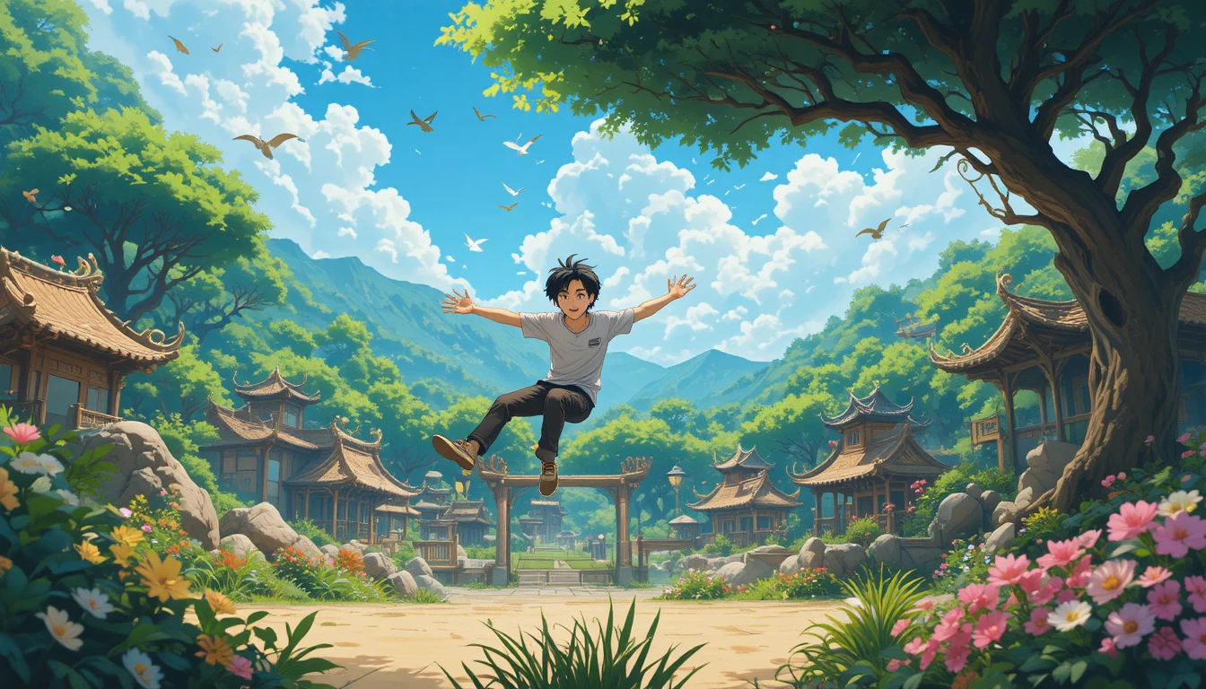 Anime boy flying like a bird under a green hill