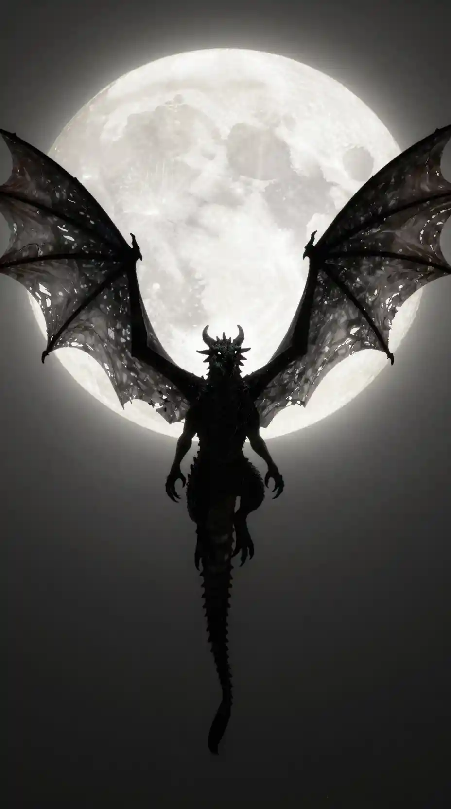 Gigantic dragon flying before a luminous full moon