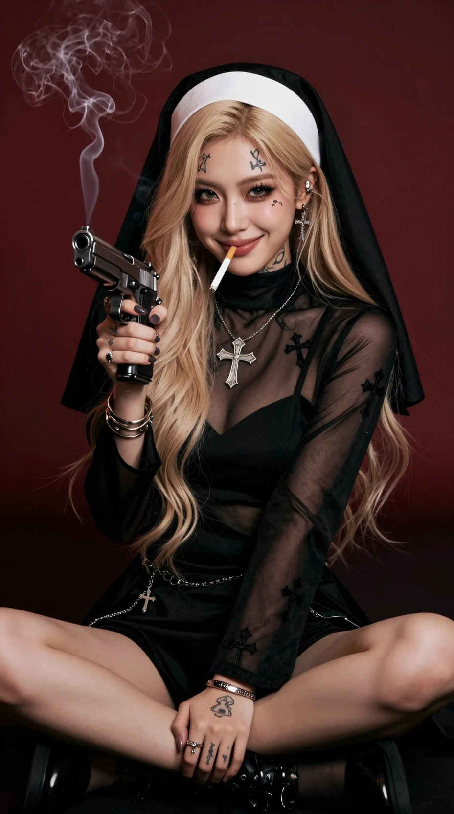 Tattooed nun smoking with gun in cinematic portrait