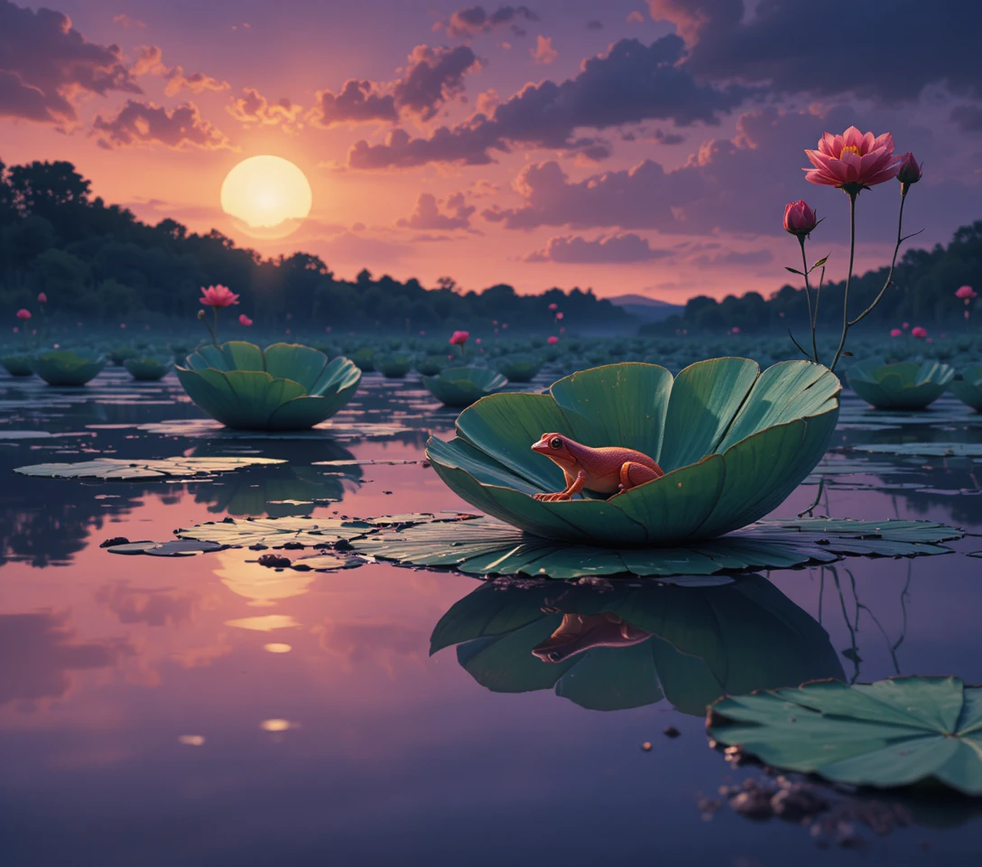 Small brown frog resting on lily pad at twilight