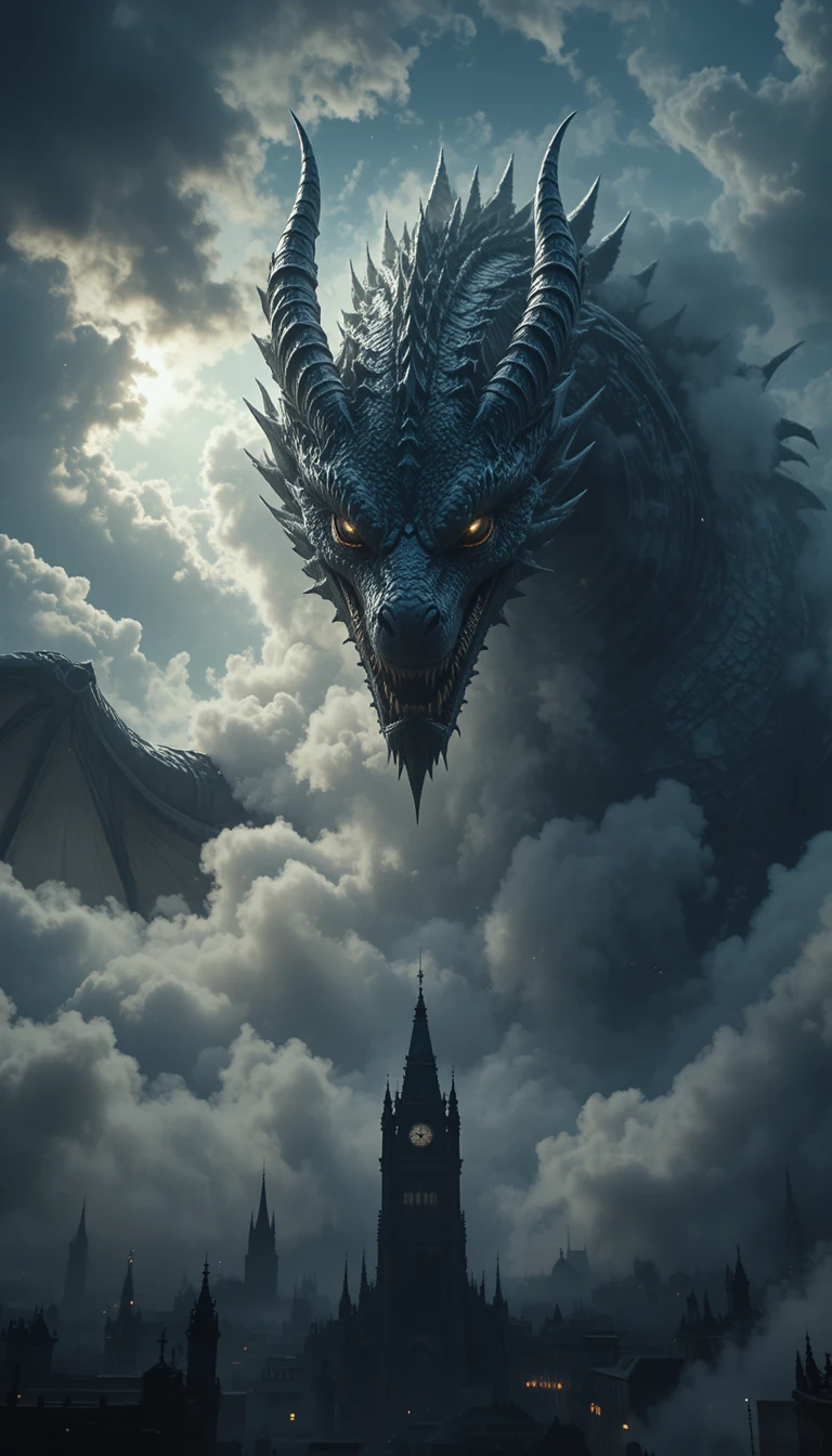 Enorme drago che emerge da nubi di tempesta turbinanti sopra la città