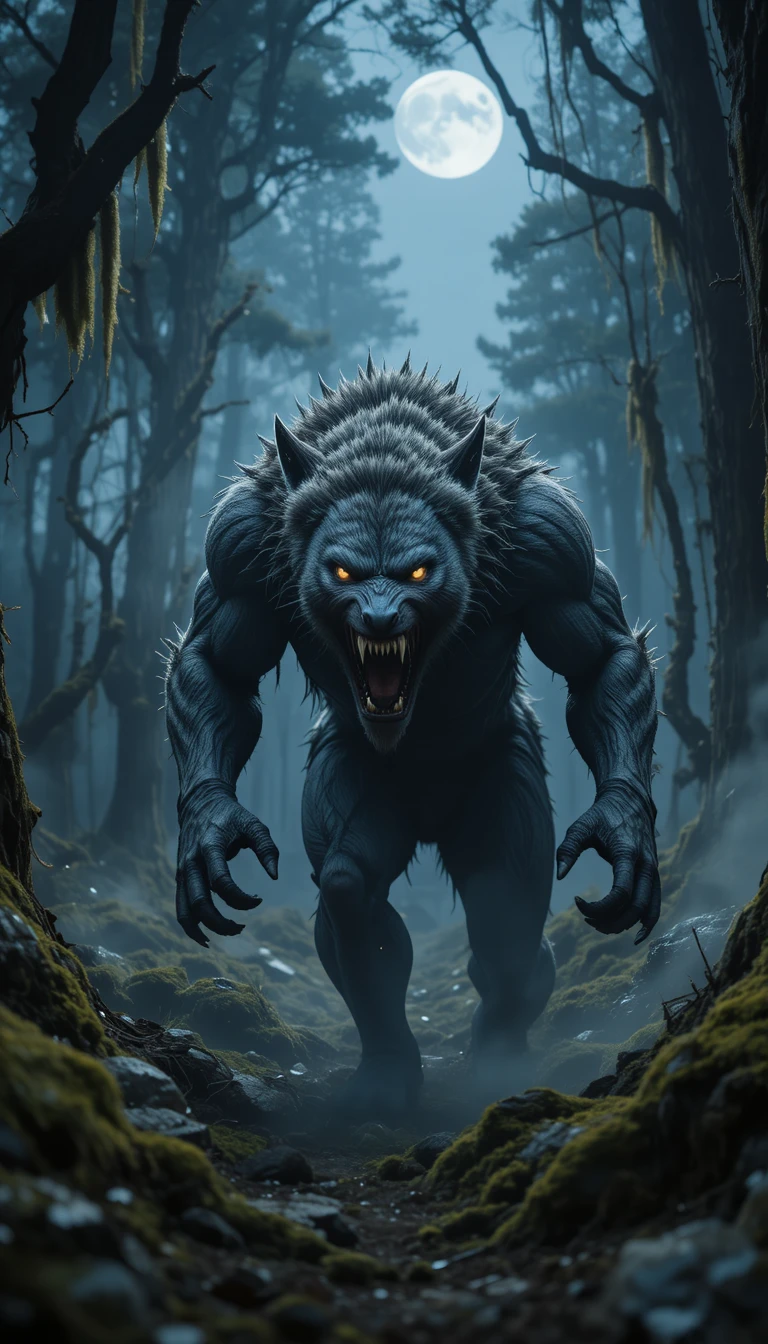 Hombre lobo amenazante acechando en un bosque brumoso a la luz de la luna