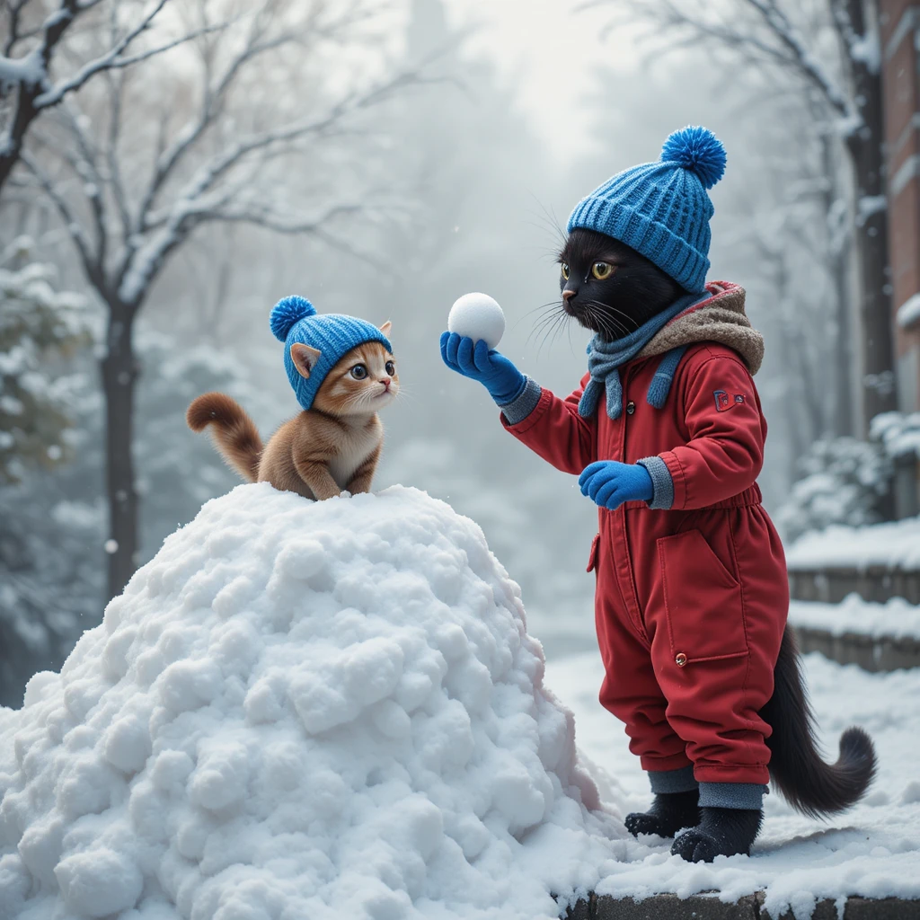 Black cat in red snowsuit shoveling snow on sidewalk
