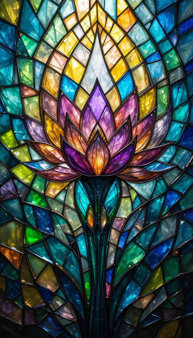 Vibrant stained glass mosaic with blooming geometric shards