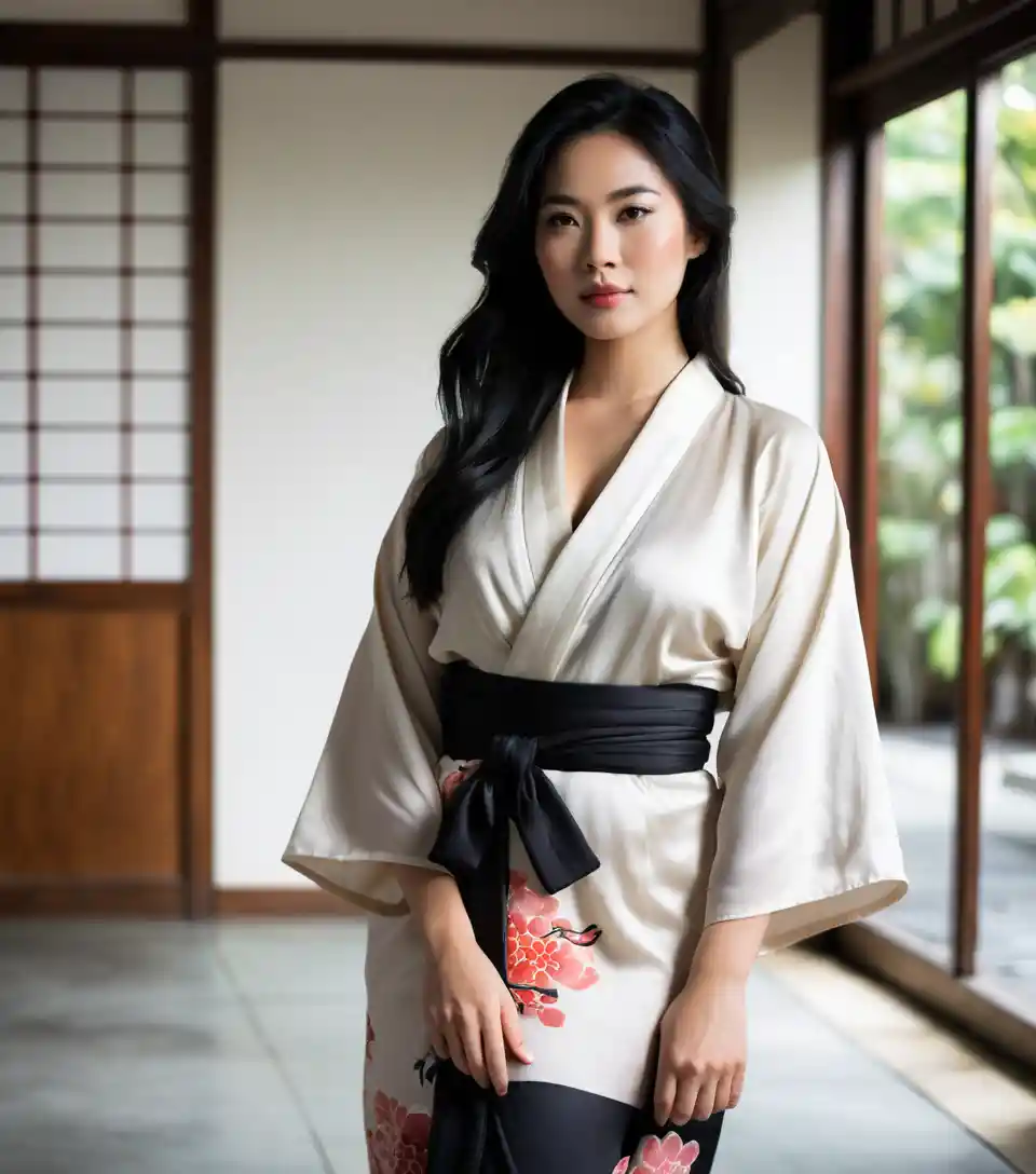 Vietnamese woman in silk yukata in minimalist interior