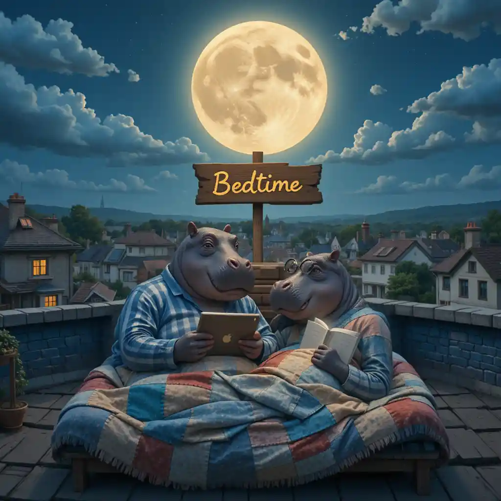 Hippo couple reading in bed under a glowing rooftop moon