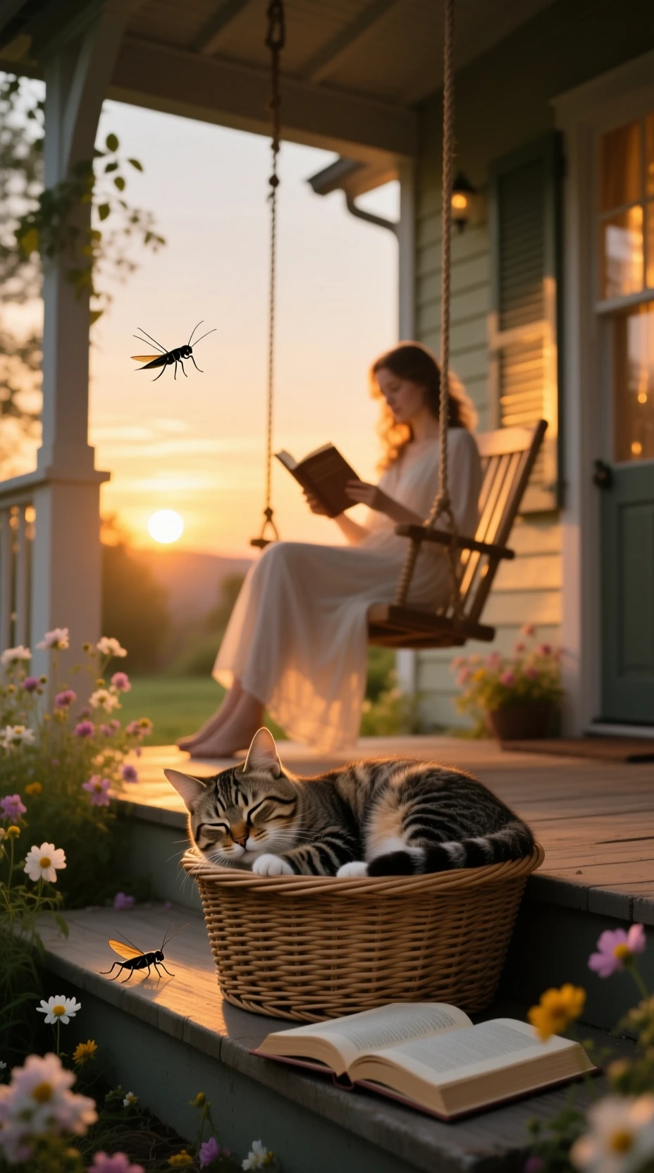 Getigerte Katze schläft in einem Weidenkorb in der Abenddämmerung