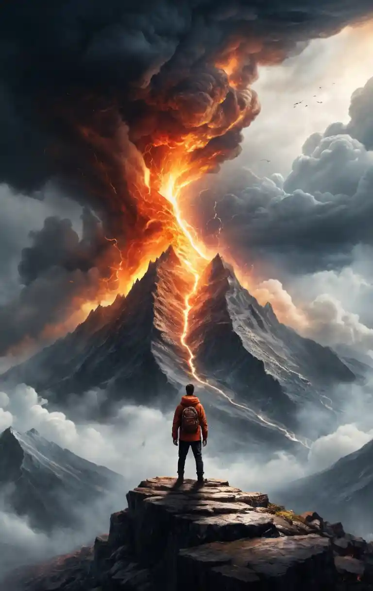 Tiny figure standing alone on a vast mountain peak