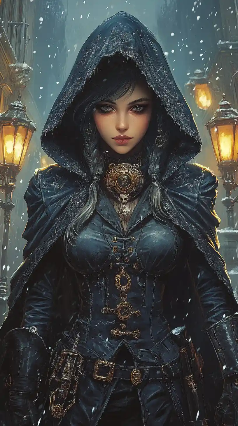 Steampunk Vampire Riding Hood Under Eerie Gas Lamps