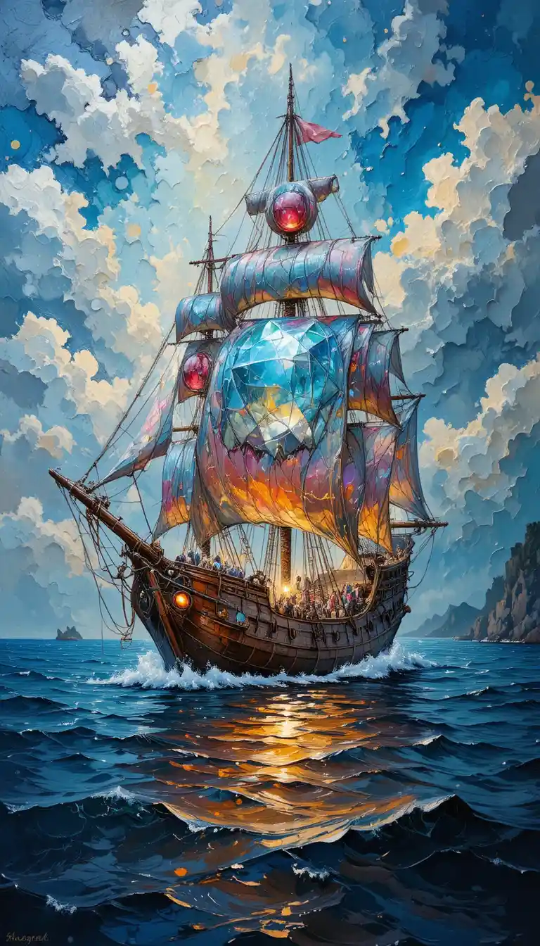 Dipinto a olio surreale di una nave di pietra luminosa in mare