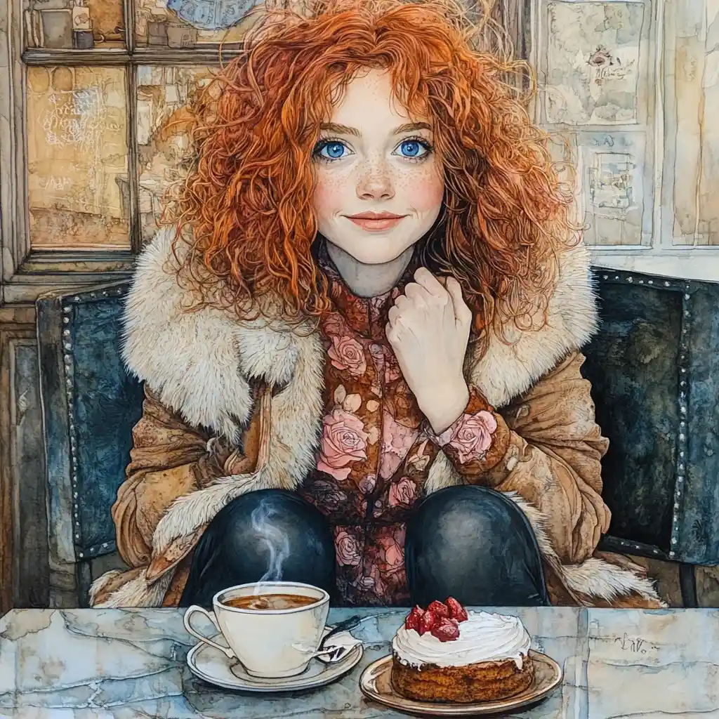 Red haired girl in a cozy cafe watercolor painting