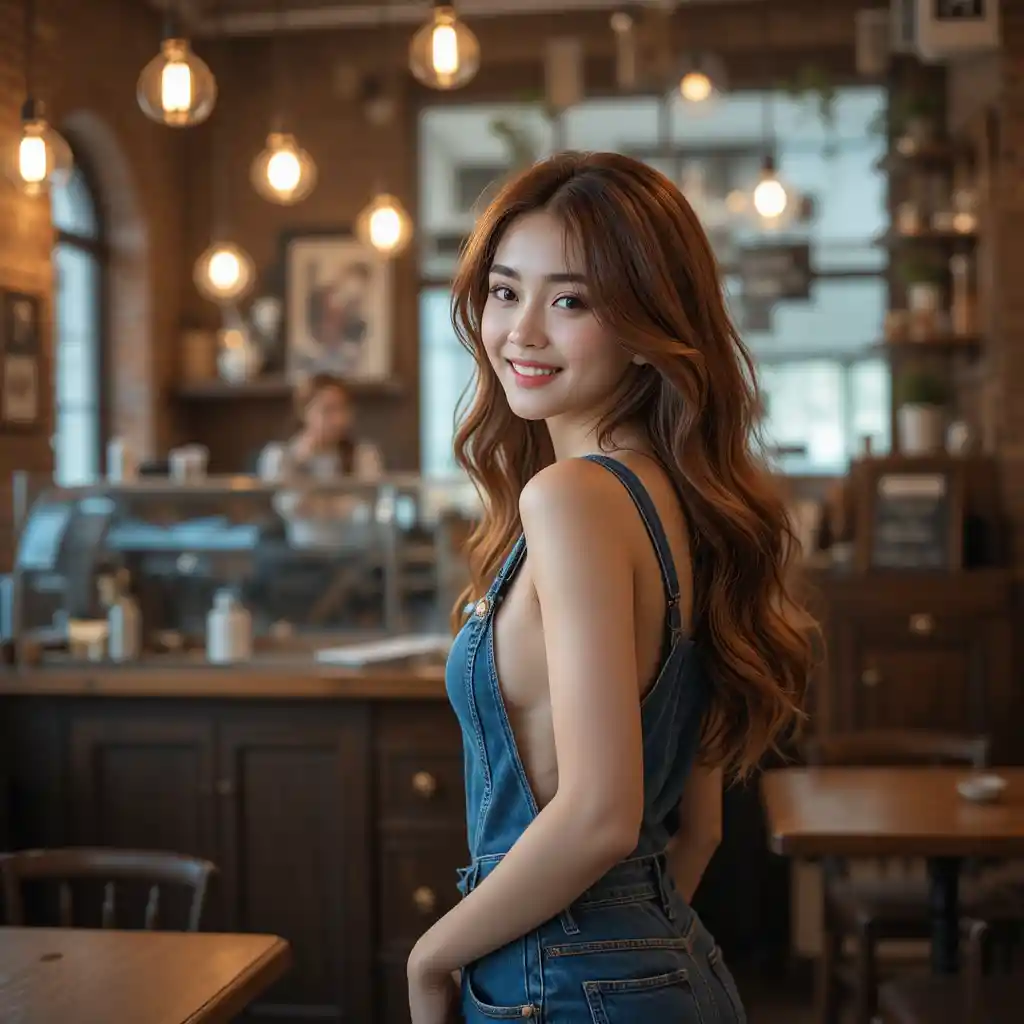 穿牛仔吊帶褲的驚訝韓國女子在溫馨咖啡店