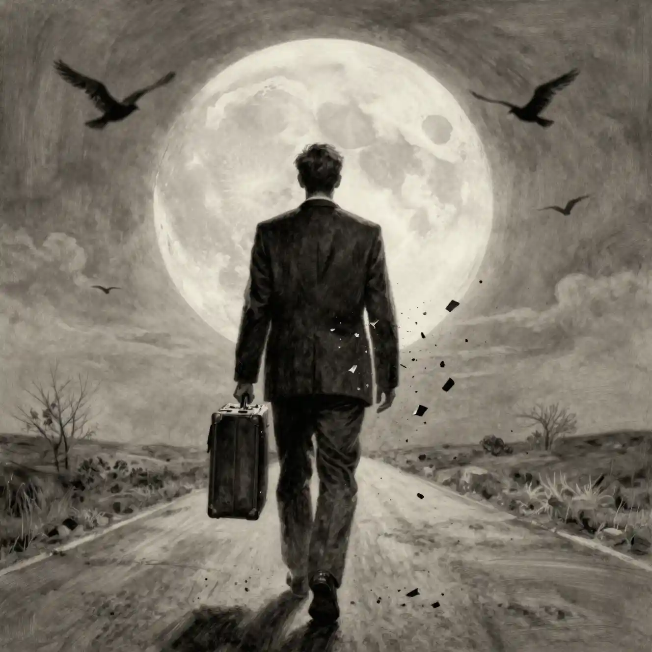 Uomo in abito che si dissolve su una strada solitaria sotto la luna luminosa