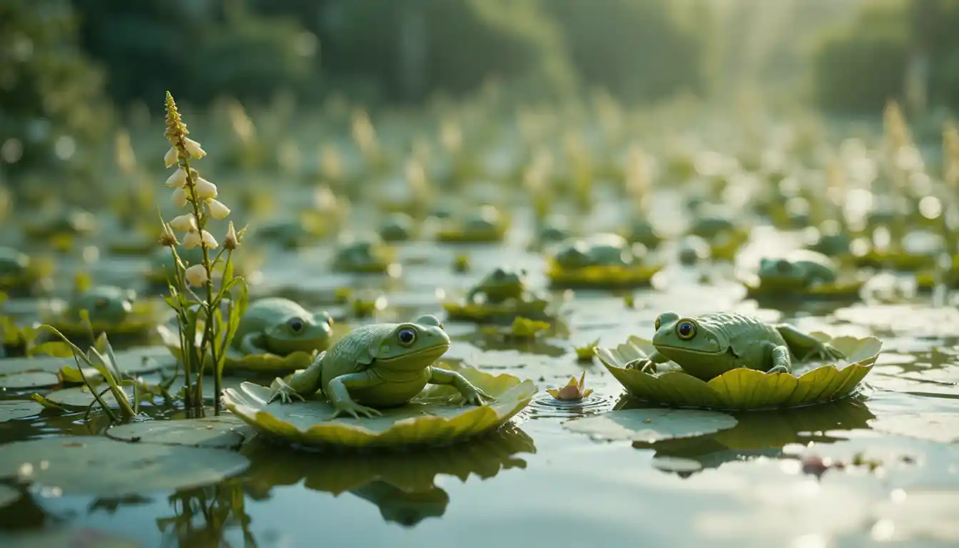 Large green lilies with frogs on a calm clear pond