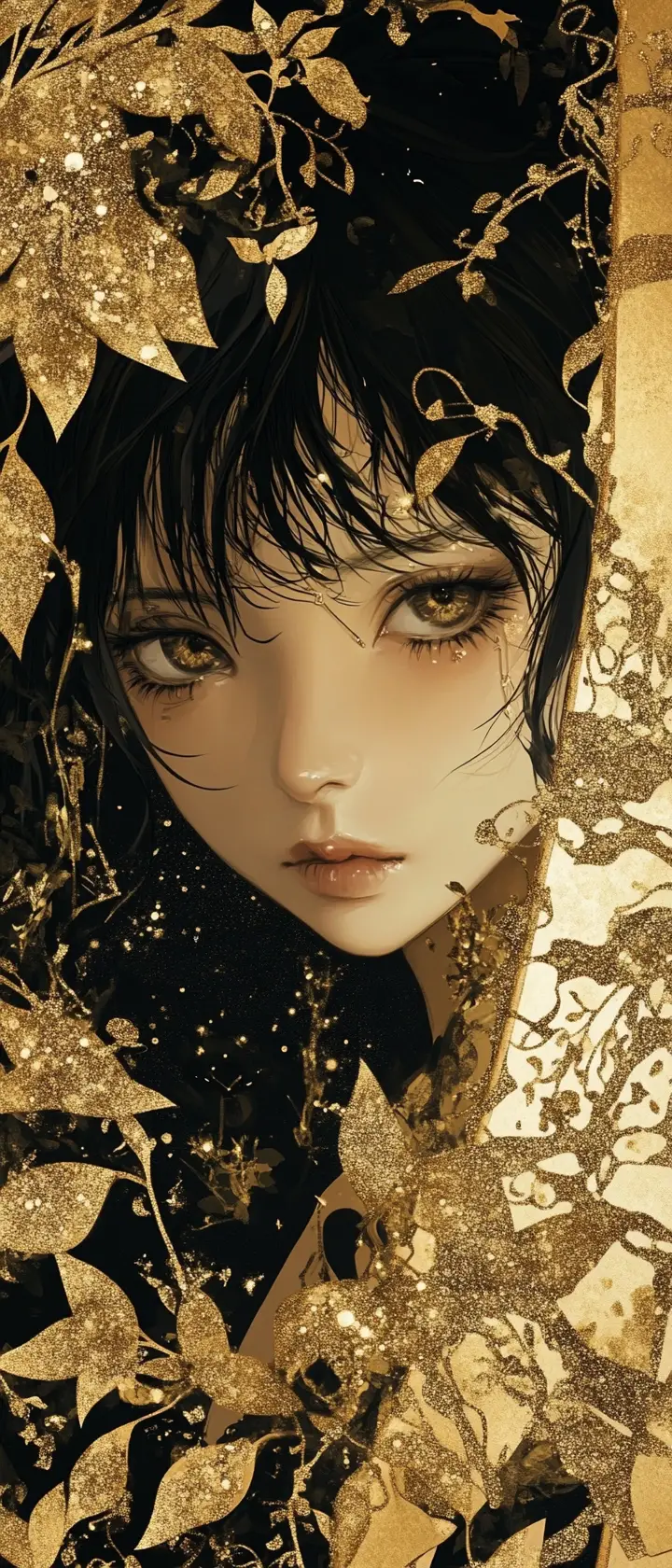 Anime girl framed by ornate golden abstract patterns