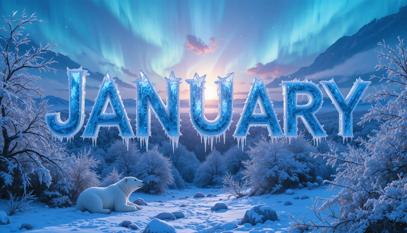 Panoramic winter landscape with a resting polar bear