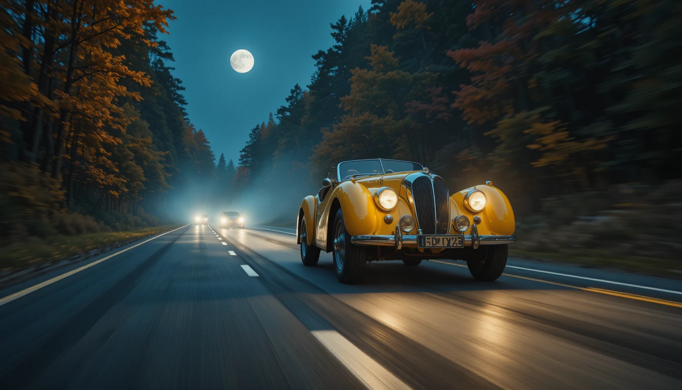 Voiture vintage filant sur une autoroute forestière au clair de lune
