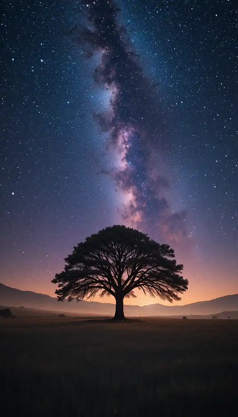 Lonely tree beneath the glowing Milky Way night sky