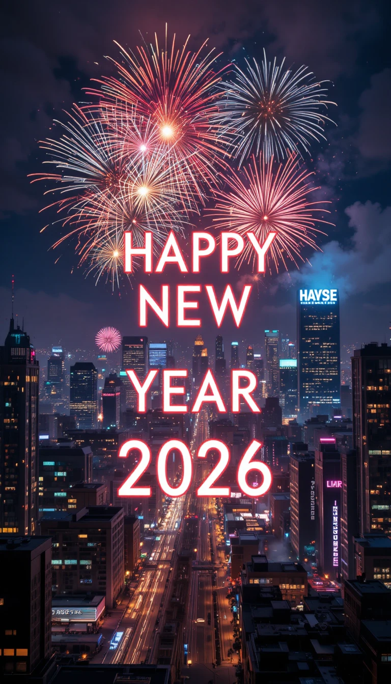 夜晚城市天際線搭配煙火與發光新年文字