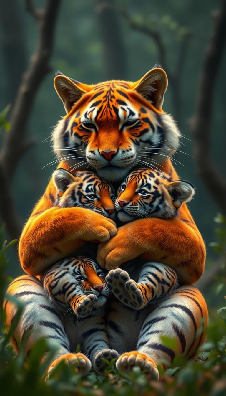 Orange cat rocking tiger cubs in a peaceful forest