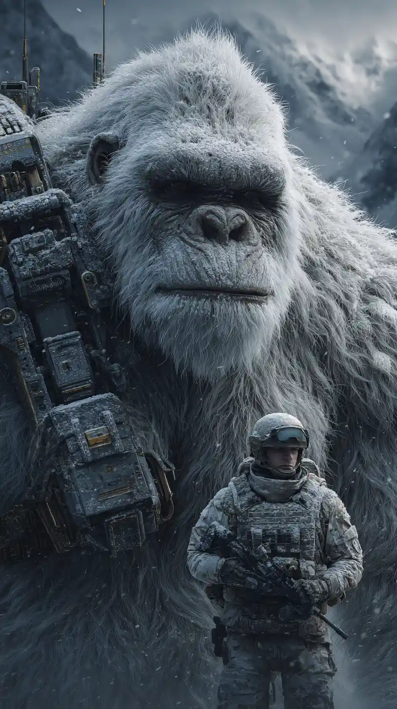 Cyber armored yeti close up beside winter soldier