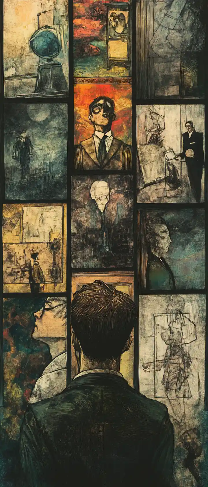 Man Gazing Into Fragmented Mirror Panels With Fading Memories