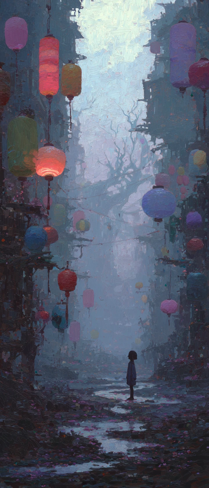 Lone figure in misty festival ruins under fading lanterns