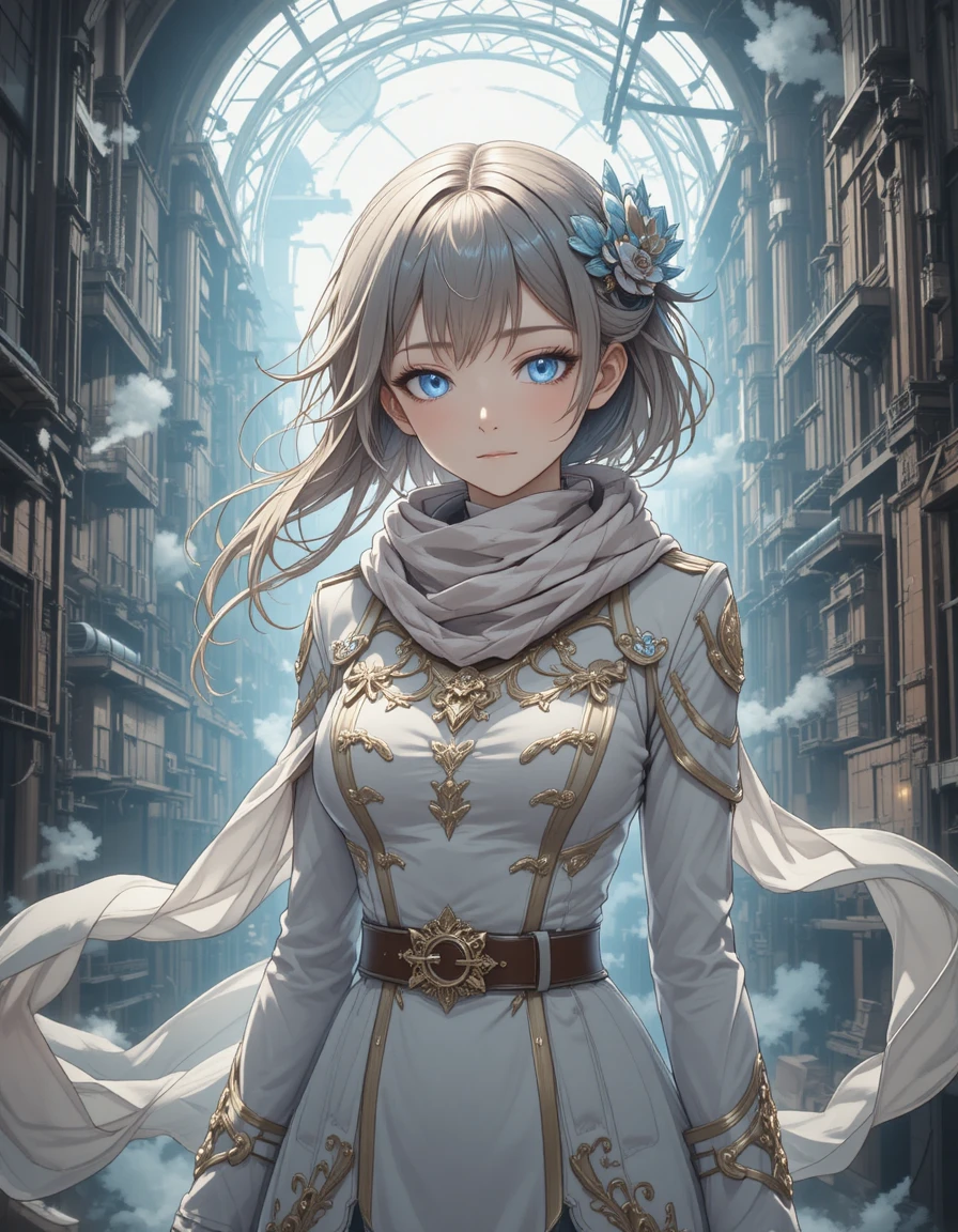 Anime woman with glowing eyes in steampunk city