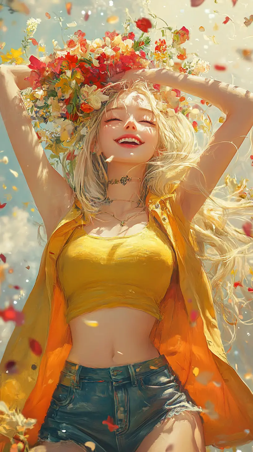 Anime girl smiling with flowers balanced on her head