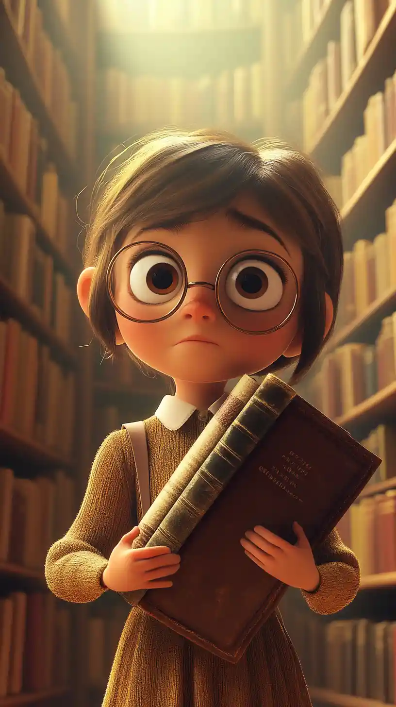 Ragazza curiosa con libri in una calda biblioteca 3D