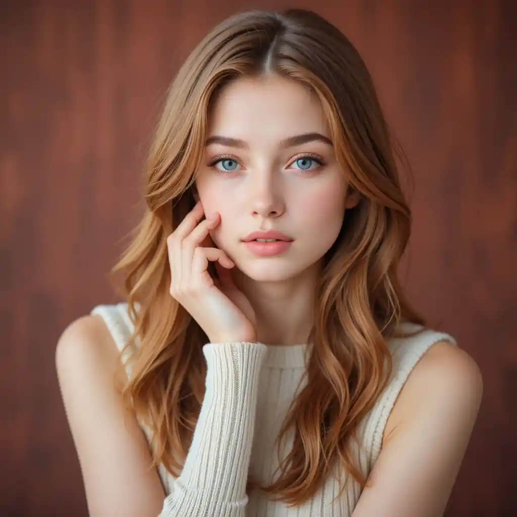 Young woman portrait with auburn hair and blue eyes