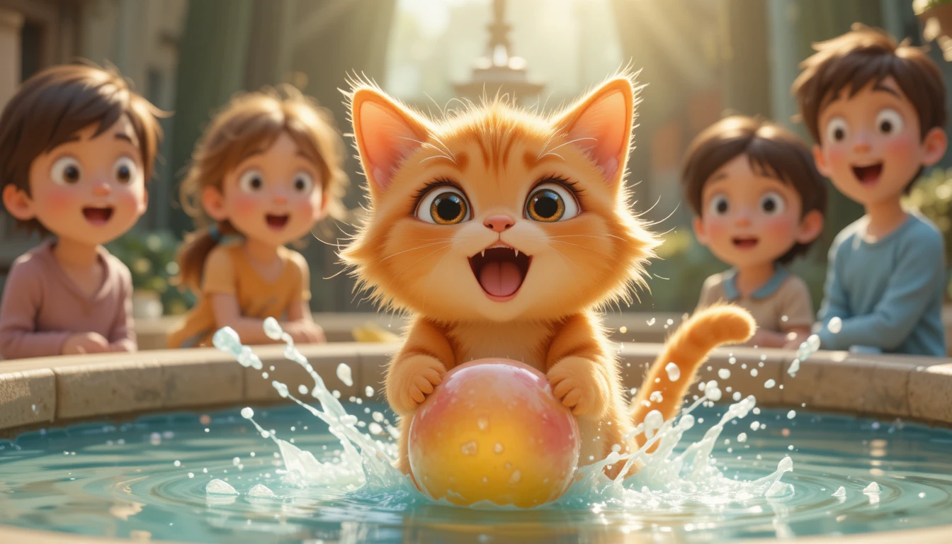 Gatto cartone animato carino vicino a una fontana in colori pastello