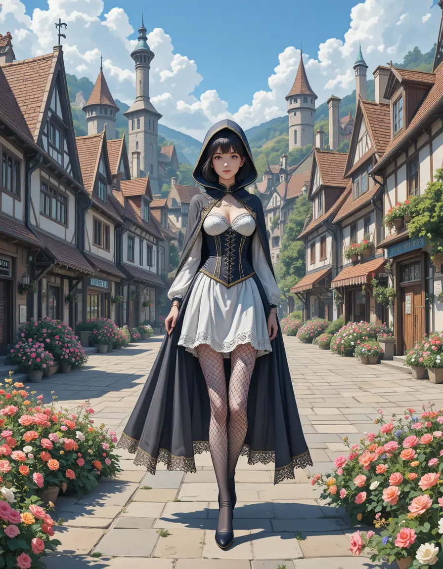 Anime girl in cape walking through medieval village square