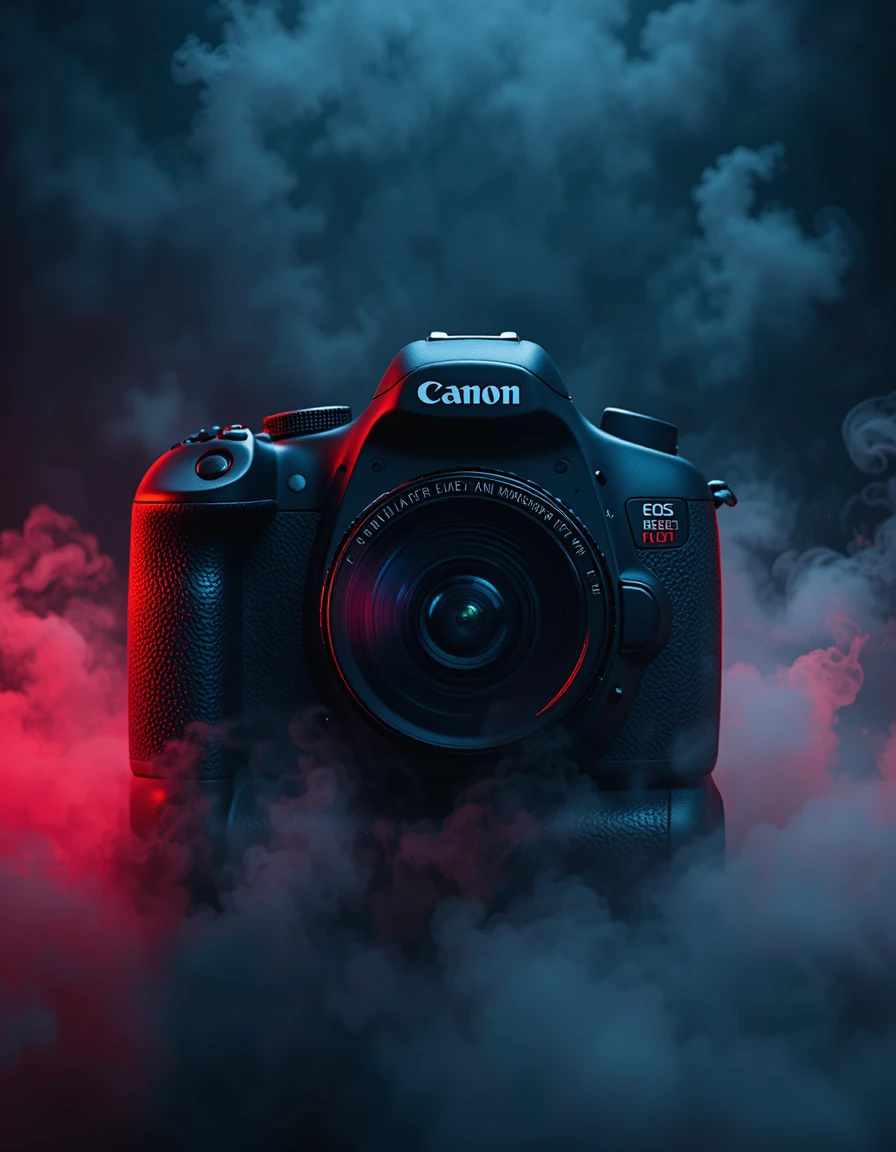 Canon DSLR camera on dark cinematic studio background
