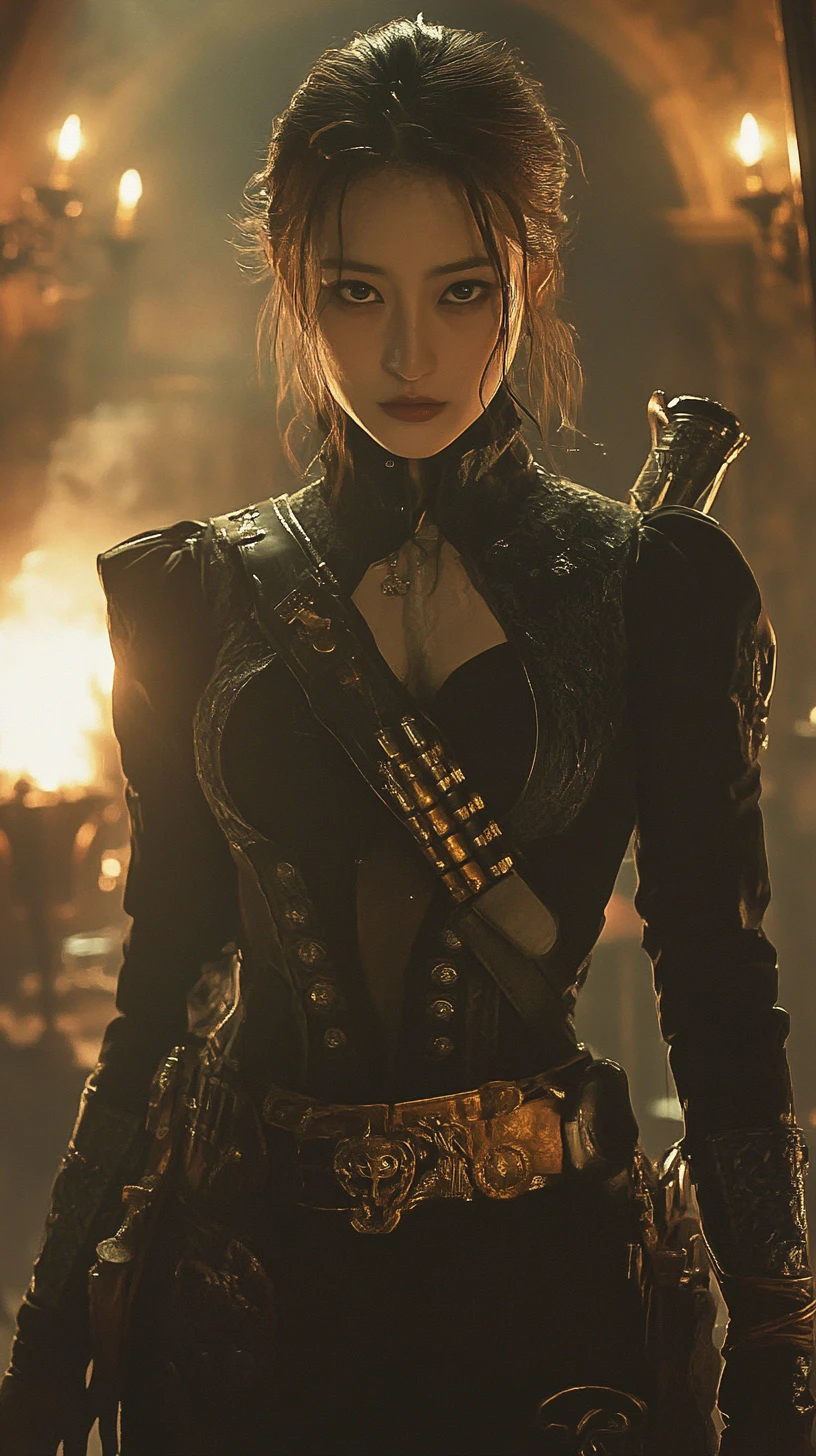 Vampire priestess in steampunk armor under misty gas lamps