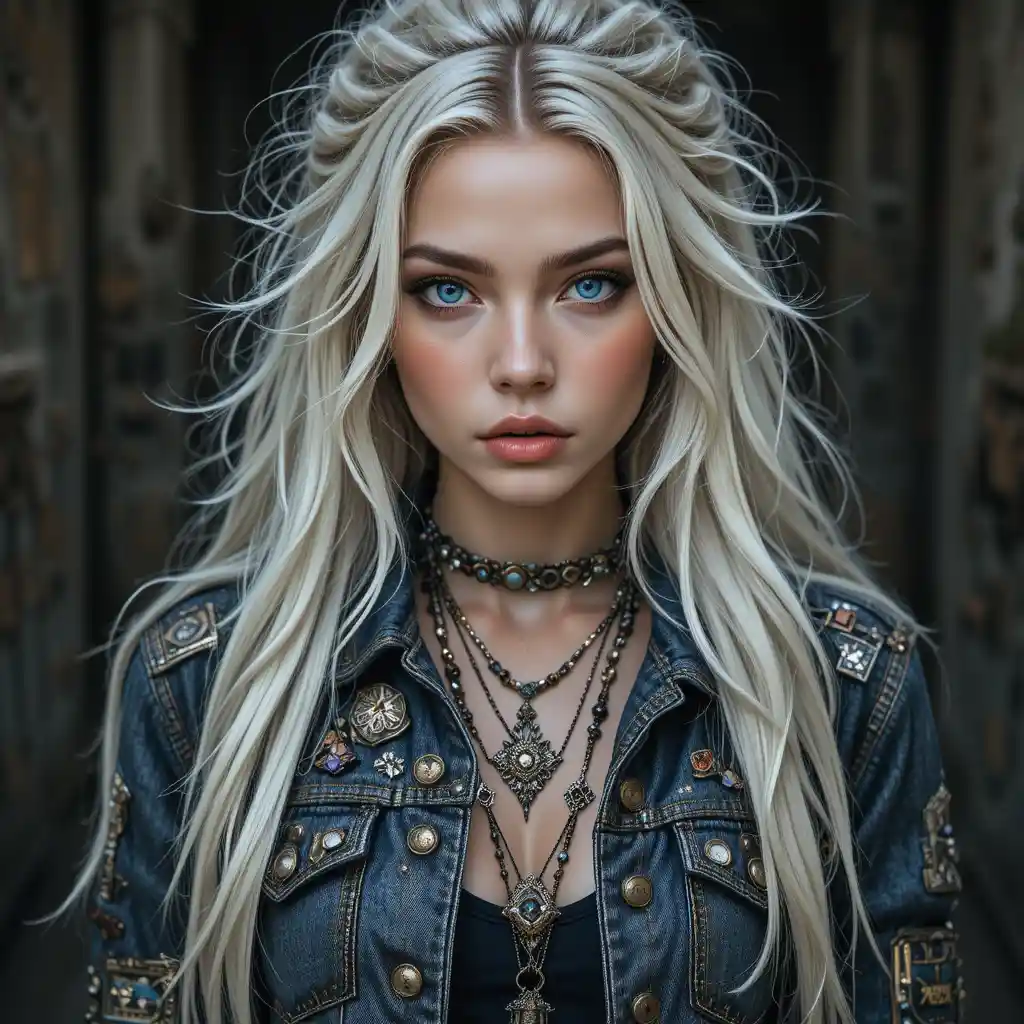 Rebellious platinum haired woman in patched denim jacket