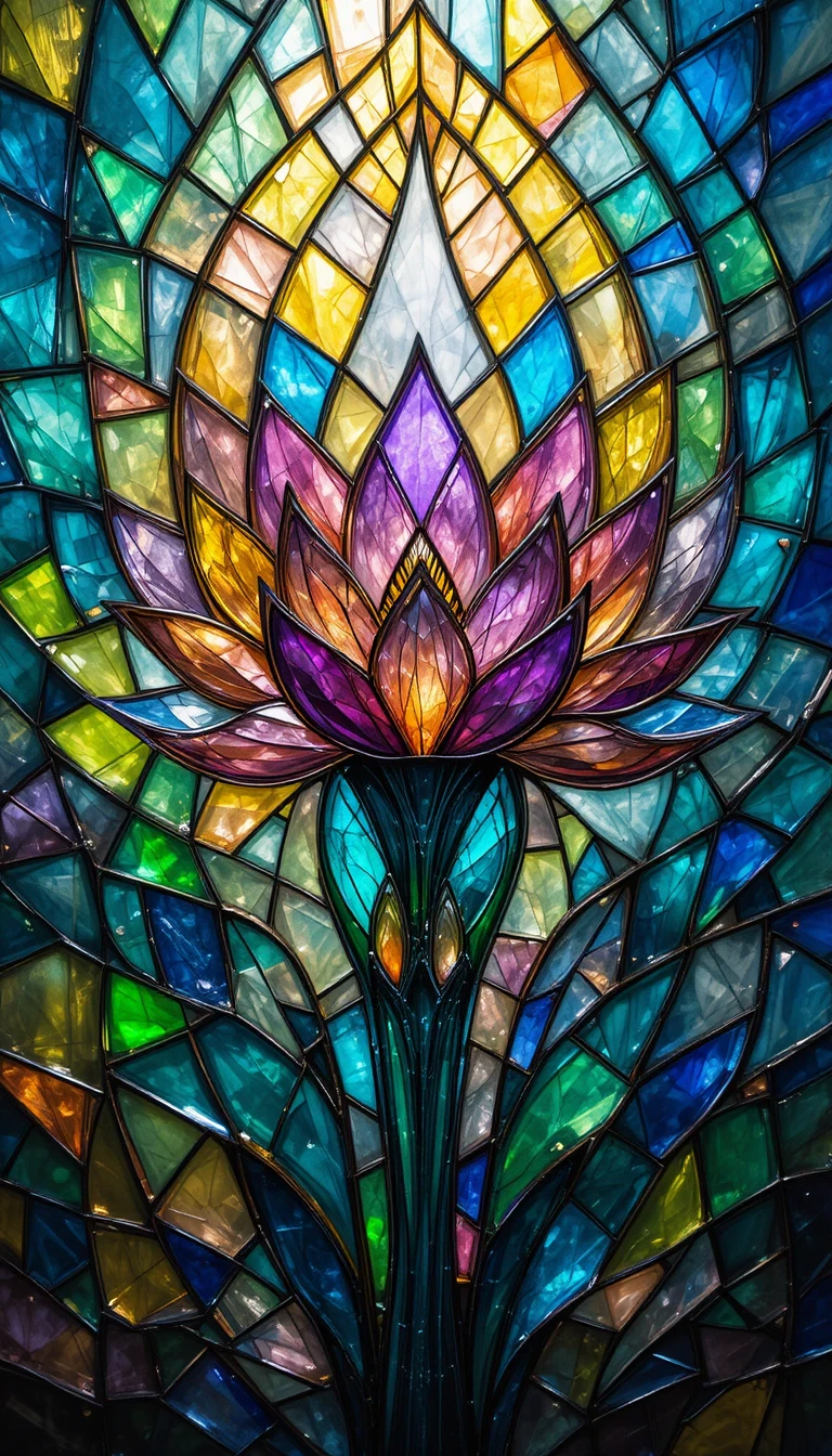 Lebendiges Buntglas-Mosaik mit erblühenden geometrischen Scherben